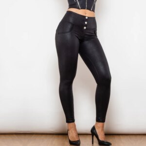 VeroVogue Crackle Black Coated Lifting Pants Button Up High Waist Bum Lift Leggings